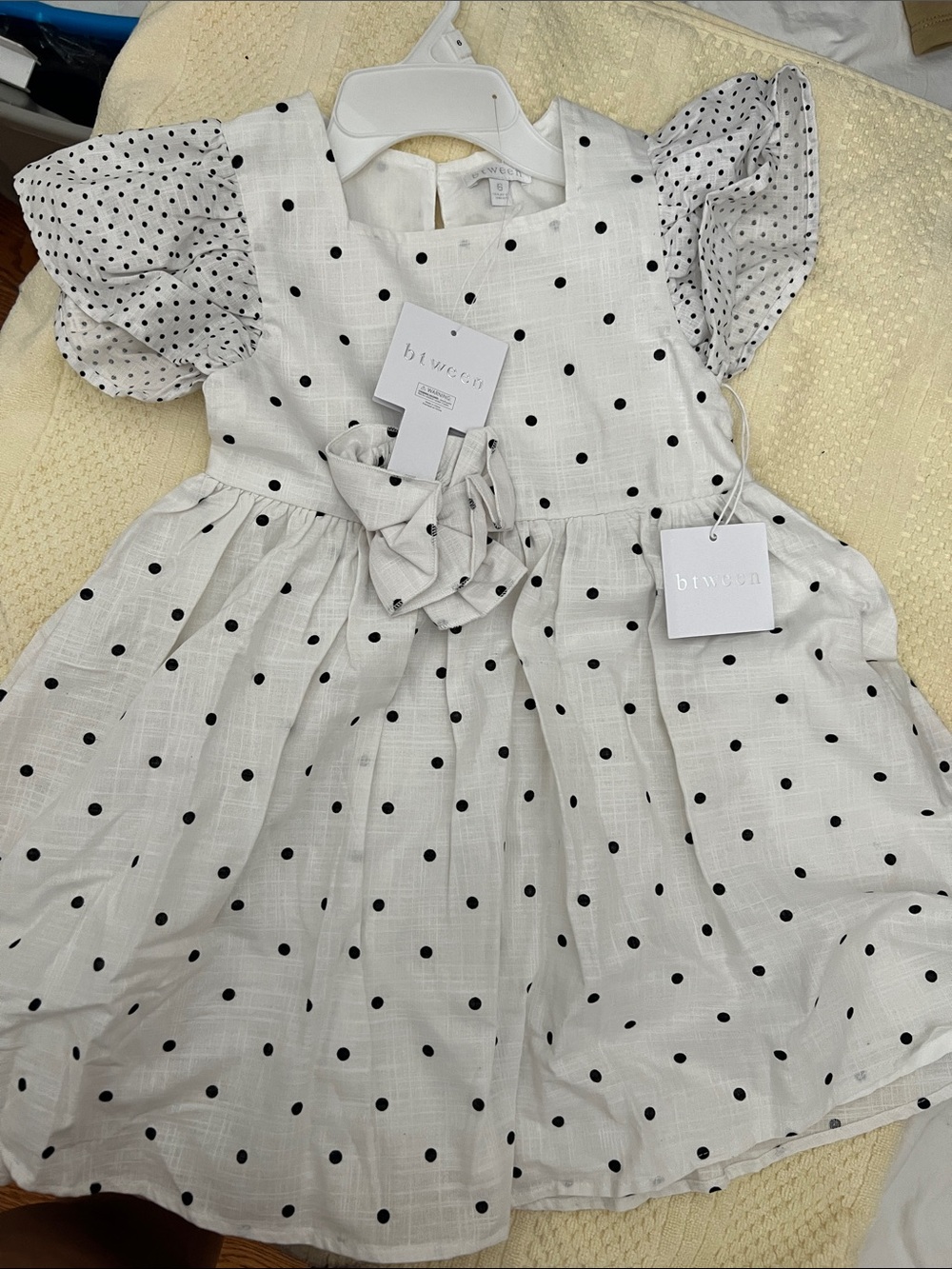 btween White Dress with Black Polka Dots and Puff Sleeves